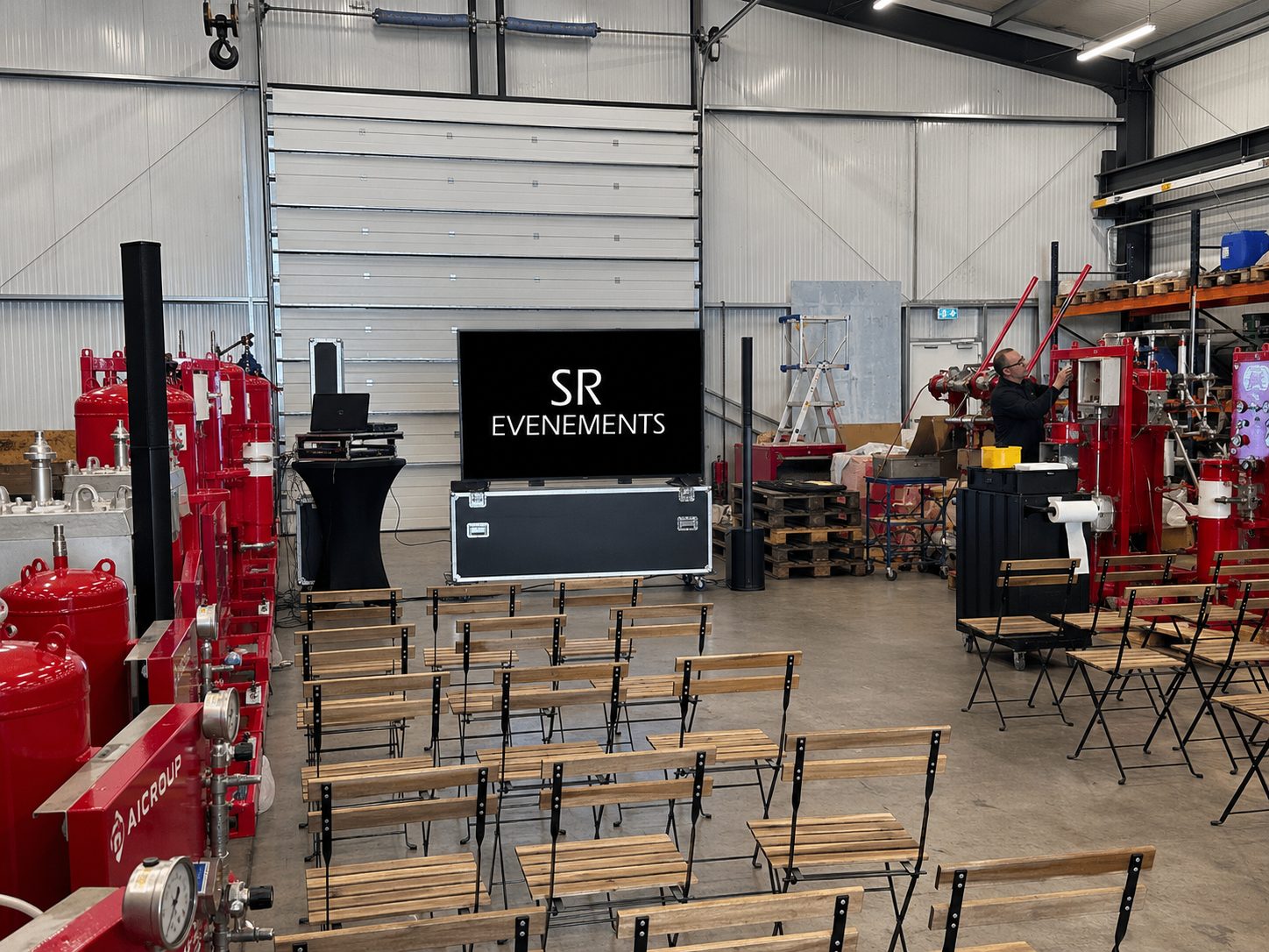 Installation d’un écran, d’enceintes colonne et de chaises pour une réunion dans un atelier