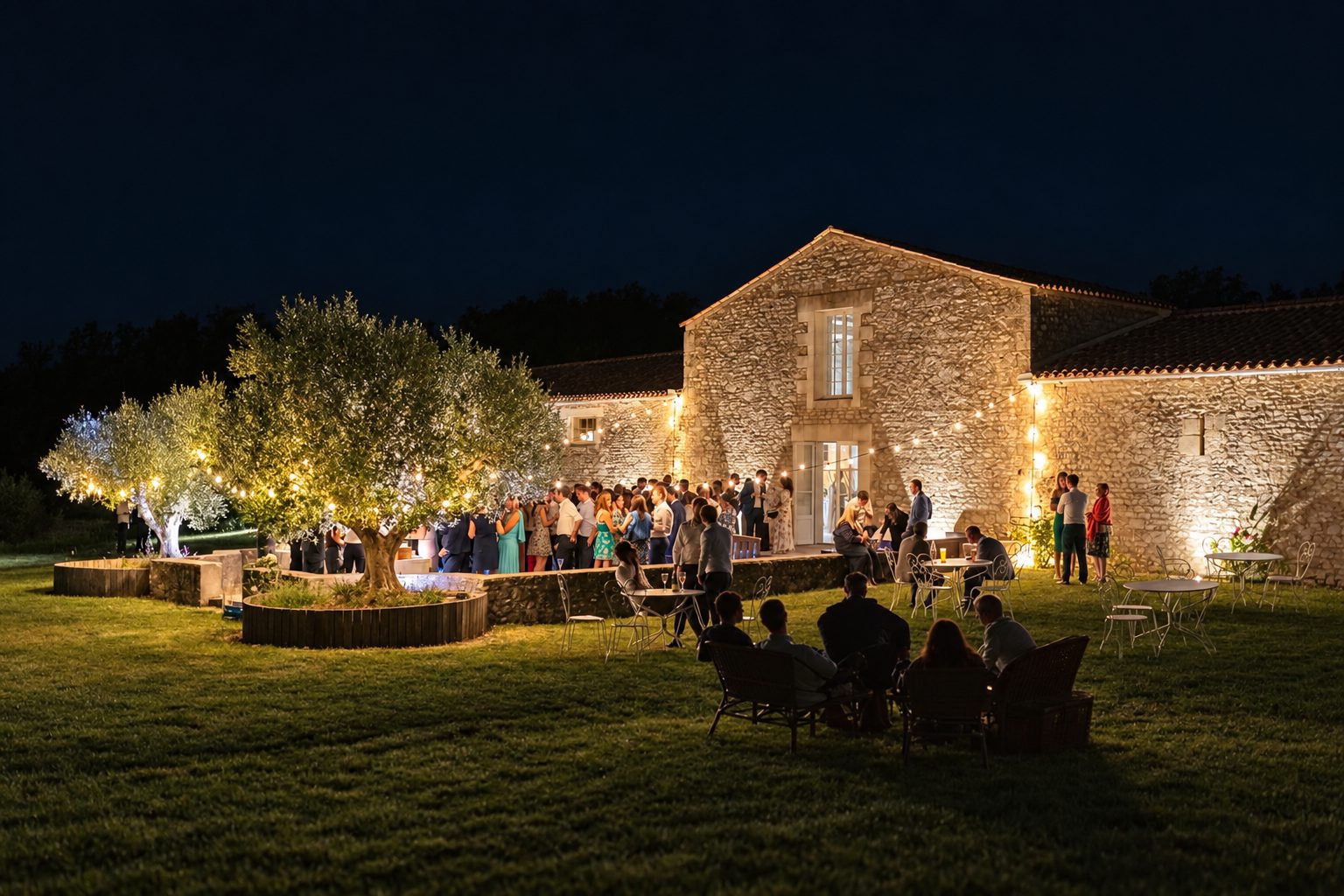 Invités dans le jardin d’un lieu de réception éclairé en blanc chaud à la nuit tombée