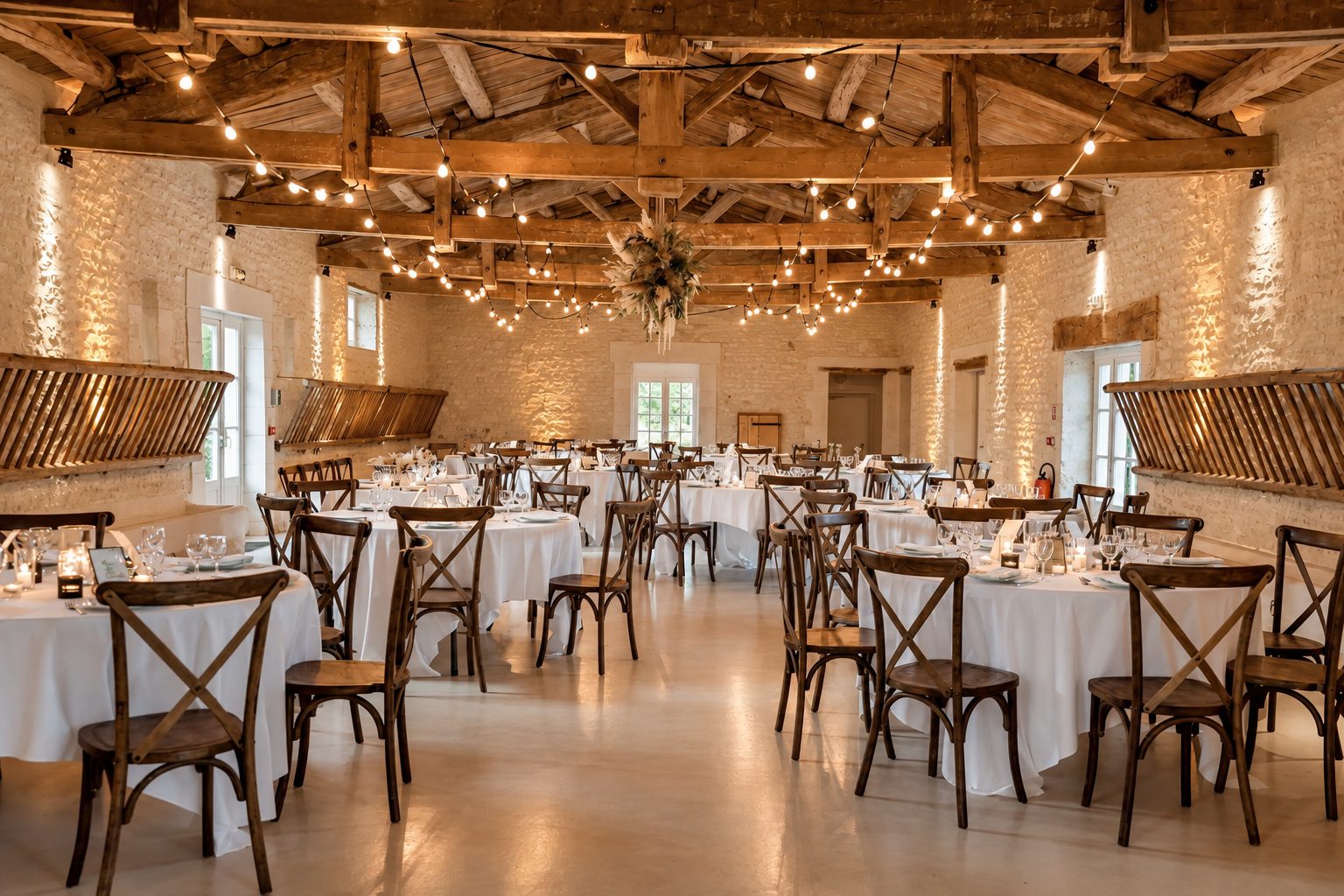 Salle de réception en pierre avec tables dressées et guirlandes sous la charpente