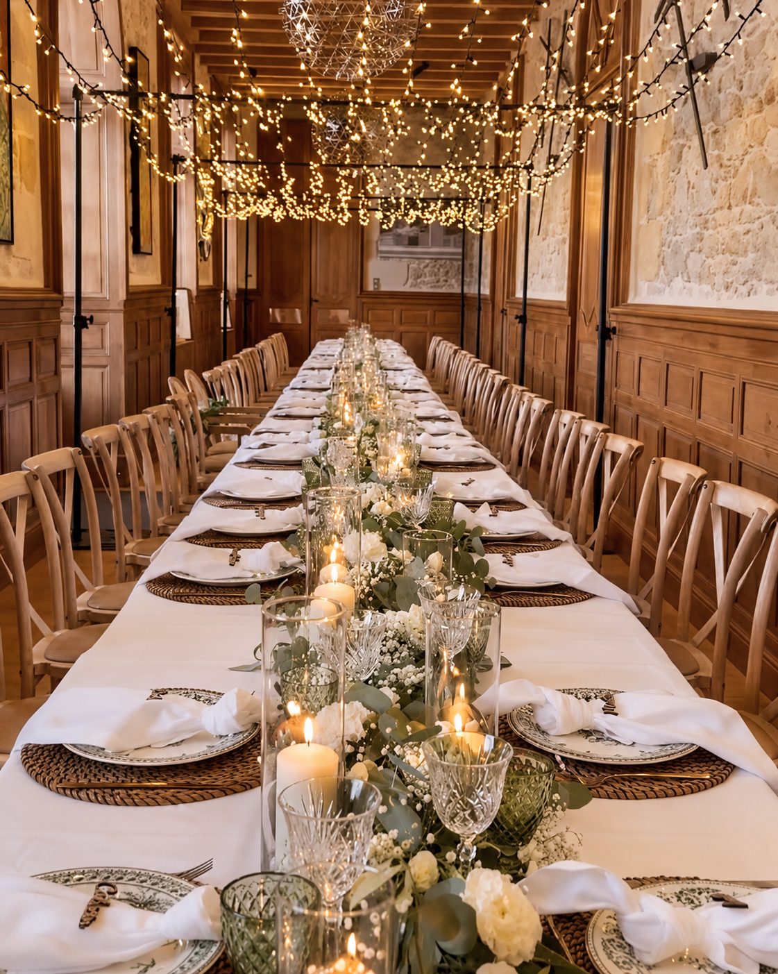 Grande table de réception avec bougies, fleurs et ciel de guirlandes lumineuses
