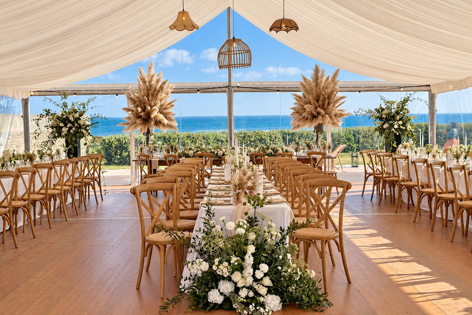 Table de mariage fleurie sous une tente blanche ouverte sur l’océan