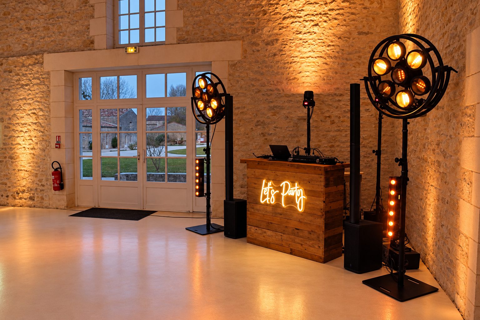 Installation DJ avec bar en bois et projecteurs ambrés dans une salle en pierre
