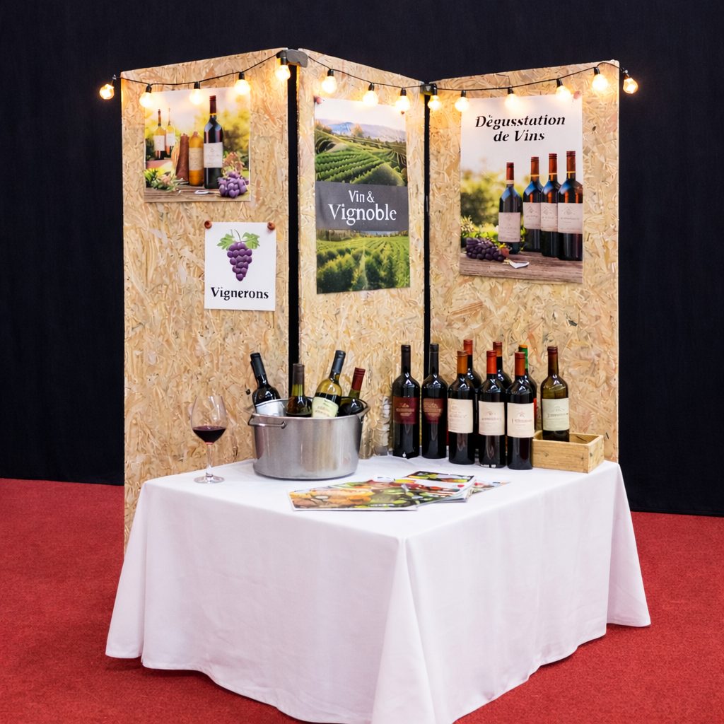 Stand de dégustation de vins avec panneaux en bois et guirlande décorative